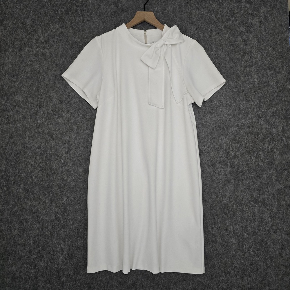 Shelby & Palmer Dress Womens 14W White Bow Neck Shift Short Sleeve‎ Knit Lined - Picture 3 of 12